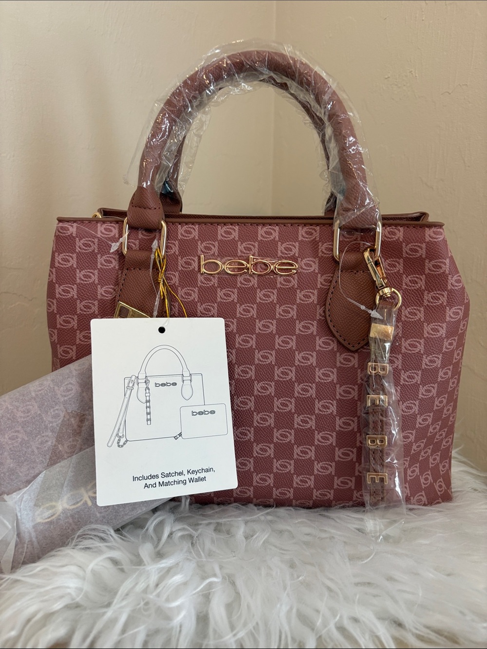 NWT Bebe Adela Small Satchel Purse Set w/ Matching Wallet & Keychain/Dark Blush